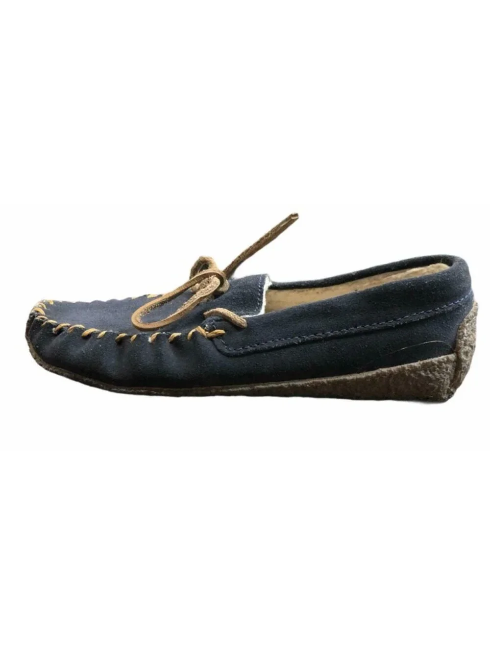 Lands End Moccasin Slippers Boys 2M Tan Navy Blue Suede Leather Faux Fur Lining